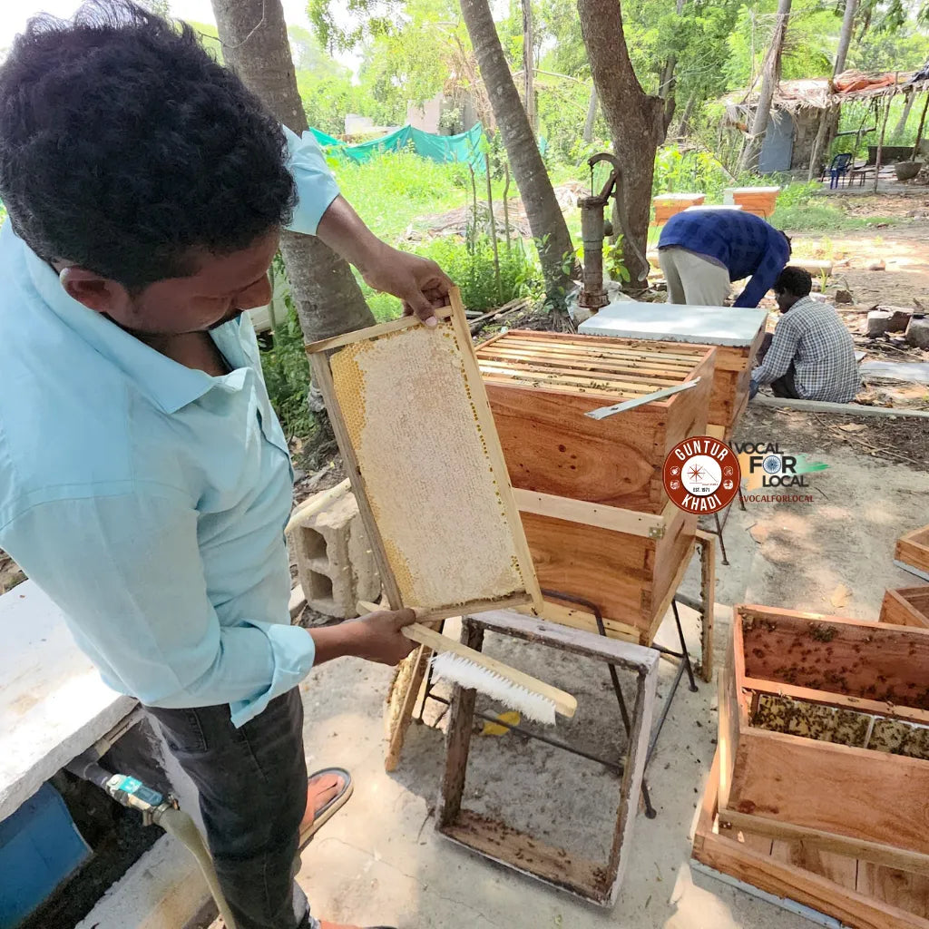 Honey collection and processing under Guntur Khadi’s sustainable beekeeping and rural empowerment program