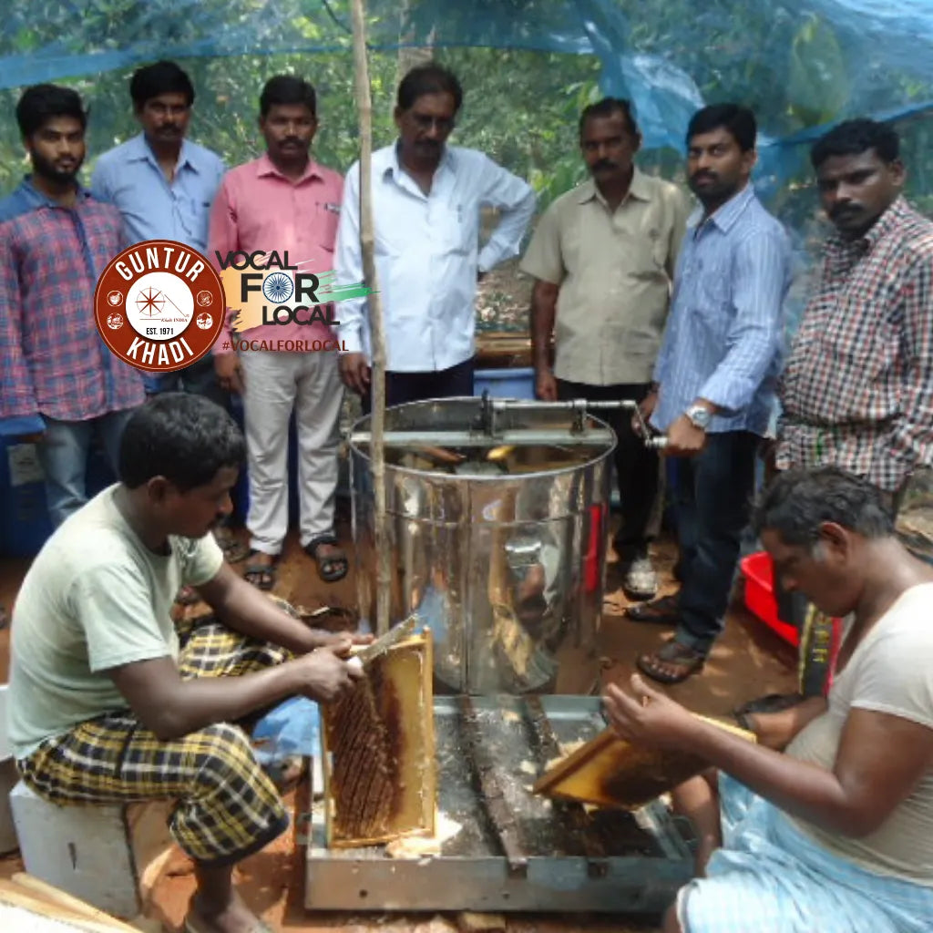Local artisans harvesting honey through Guntur Khadi’s rural beekeeping initiative