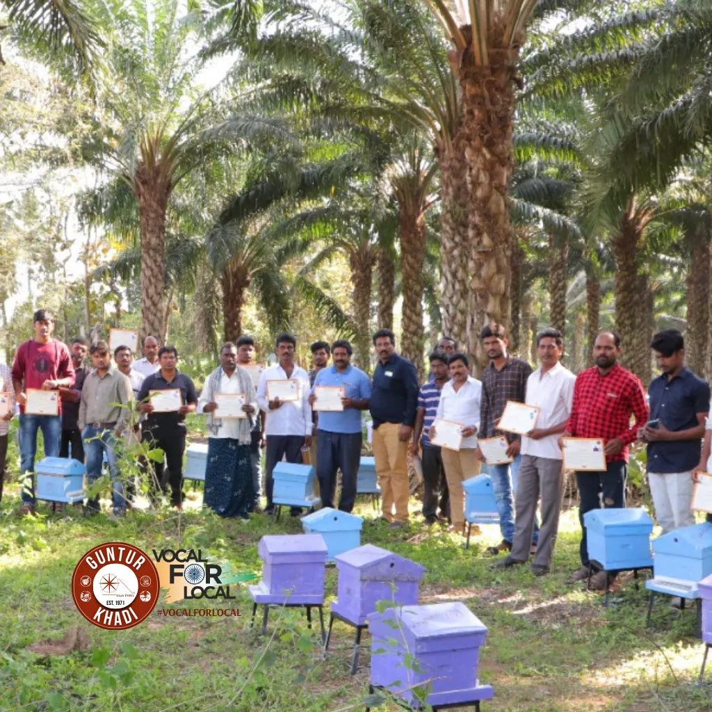 Beehive boxes used in Guntur Khadi’s beekeeping program for authentic, chemical-free honey sourcing