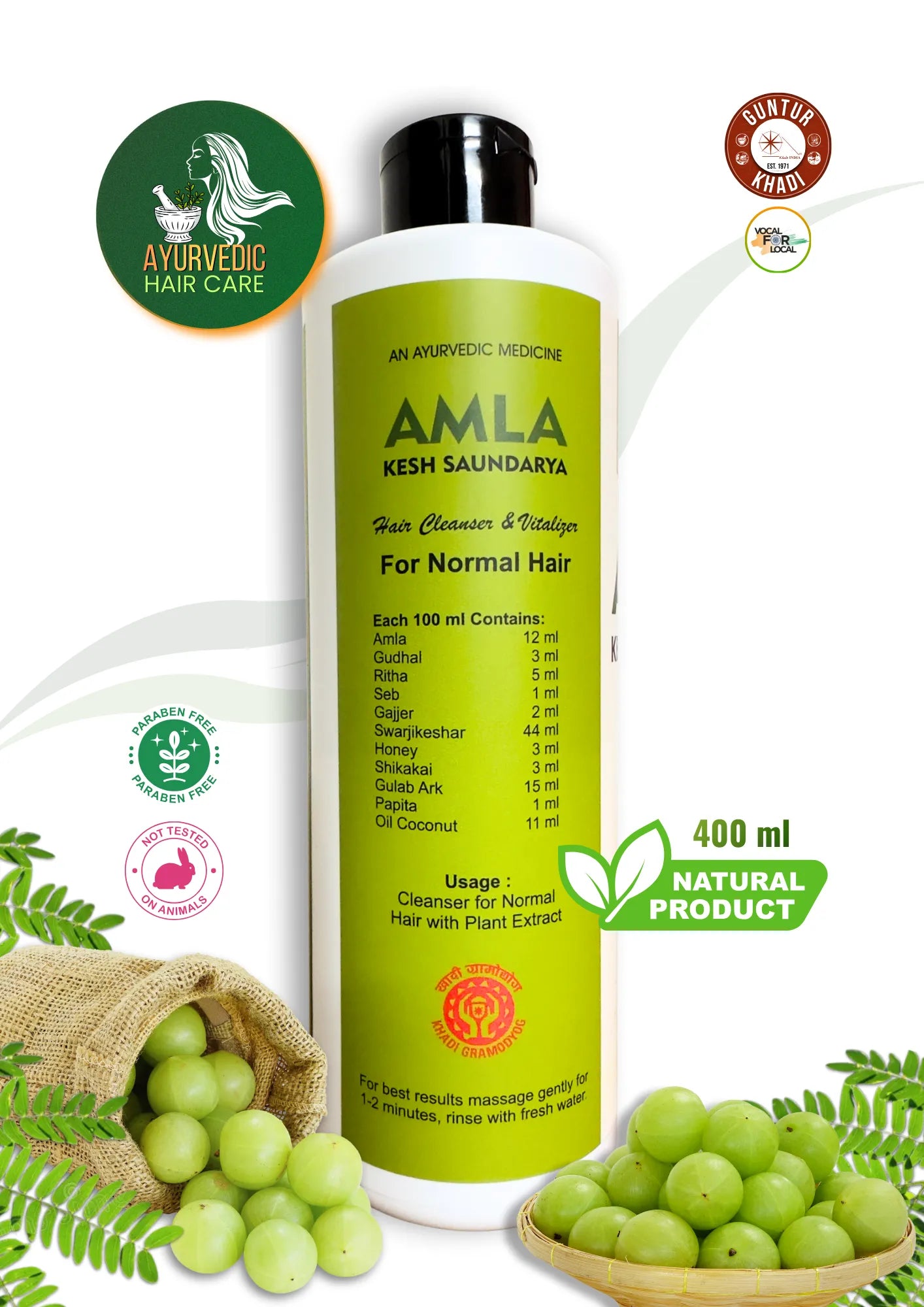 Amla Kesh Saundarya hair cleanser back label with ingredients and usage instructions – Guntur Khadi