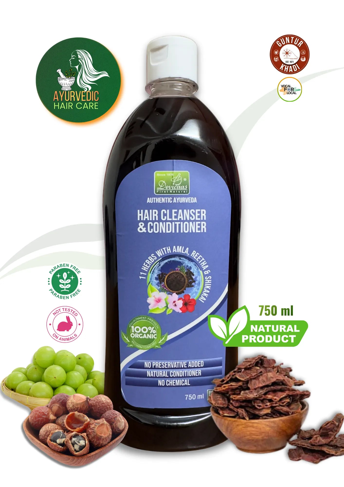 Ayurvedic Hair Cleanser & Conditioner 2-in-1 front view bottle – natural herbal formula by Guntur Khadi