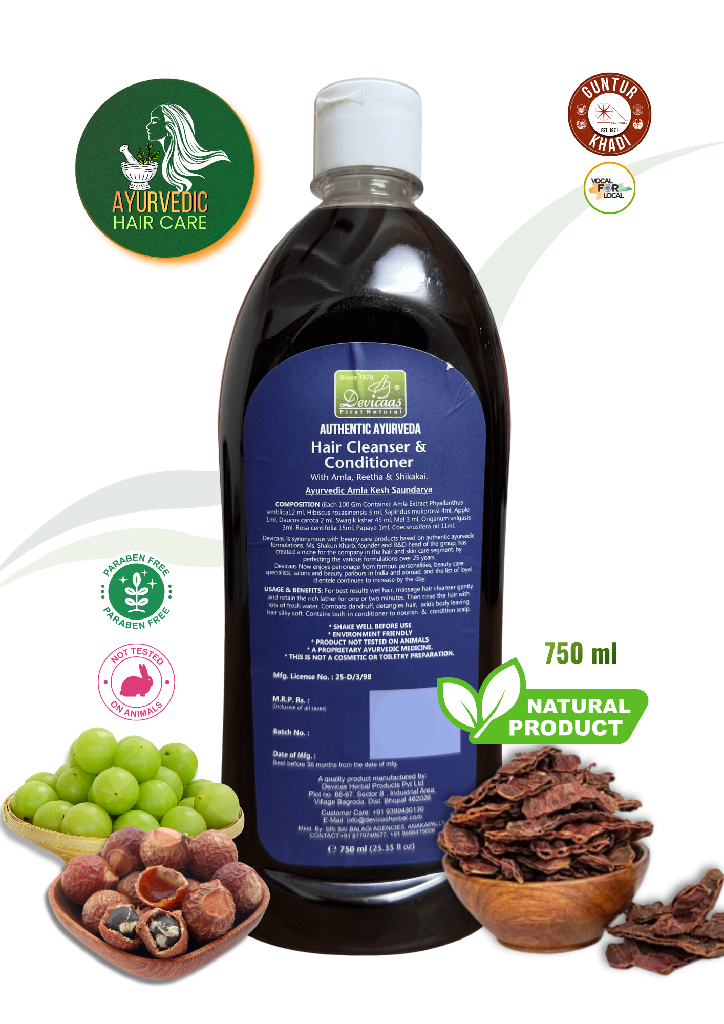 Ayurvedic Hair Cleanser & Conditioner 2-in-1 back label with ingredients and directions – Guntur Khadi