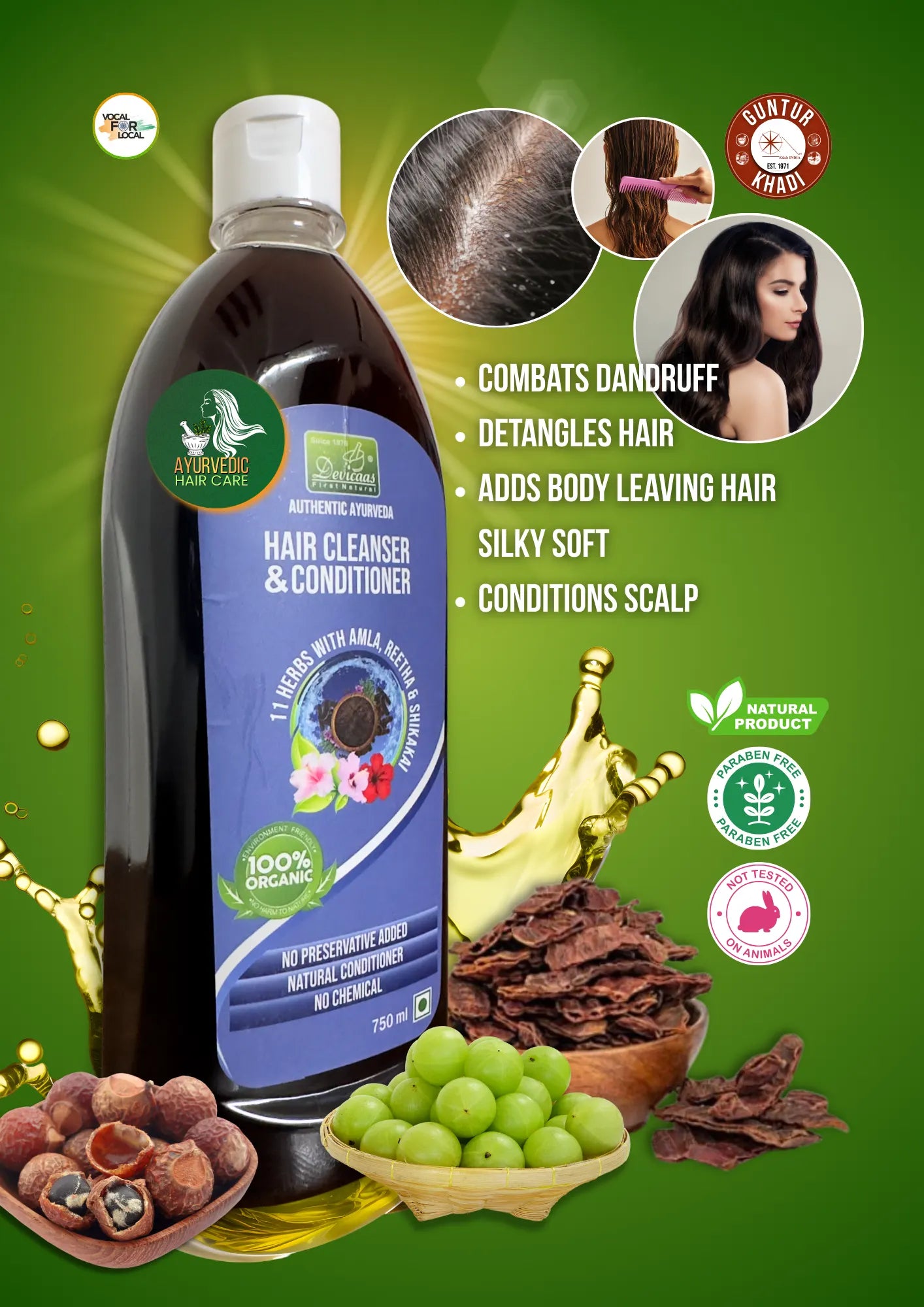 Ayurvedic Hair Cleanser & Conditioner benefits – natural 2-in-1 formula for soft, smooth and nourished hair by Guntur Khadi