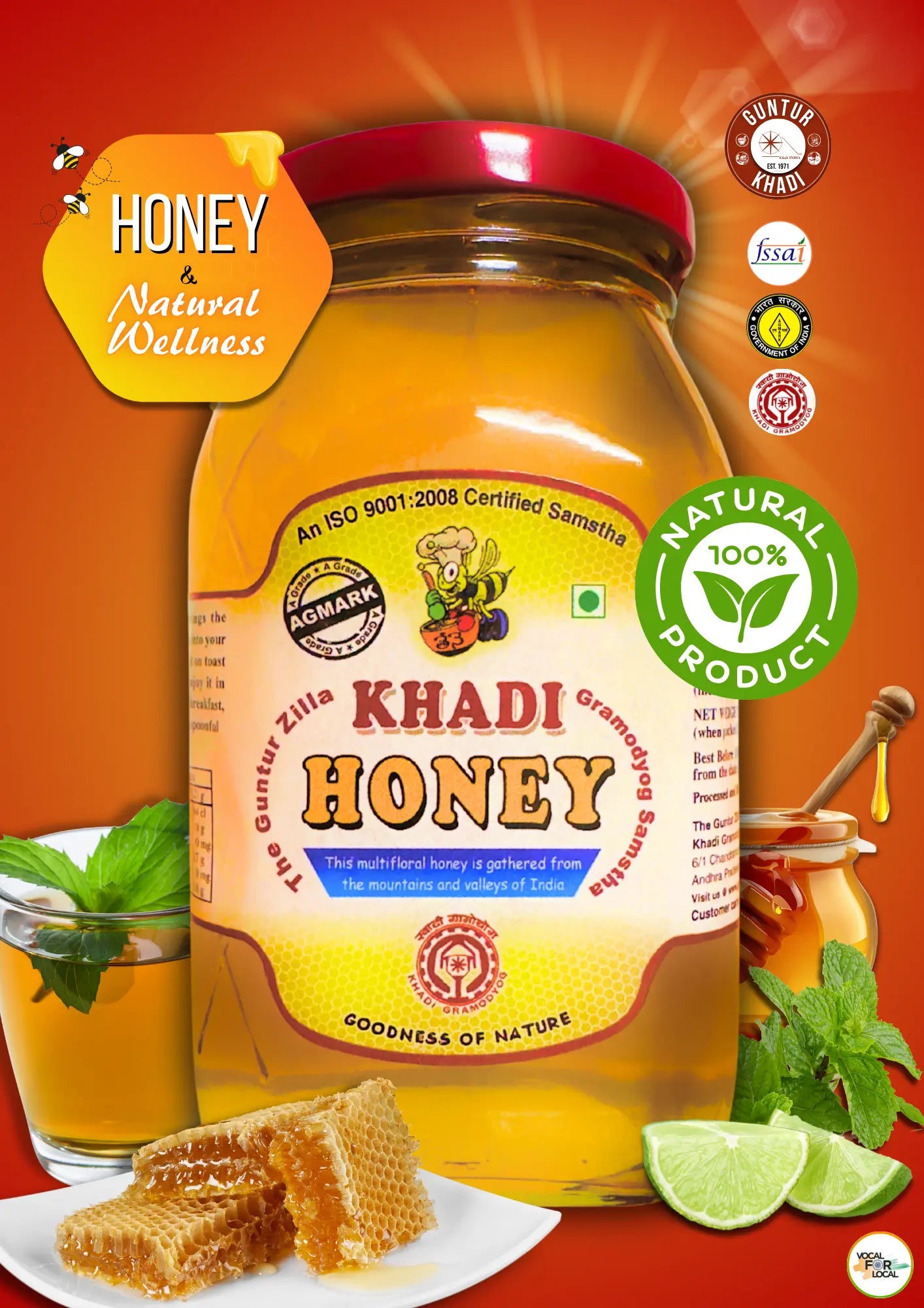 Khadi Pure Honey glass jar front view – natural honey from Andhra region