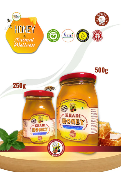Khadi Pure Honey glass jar back label showing ingredients and nutritional information 250g and 500g