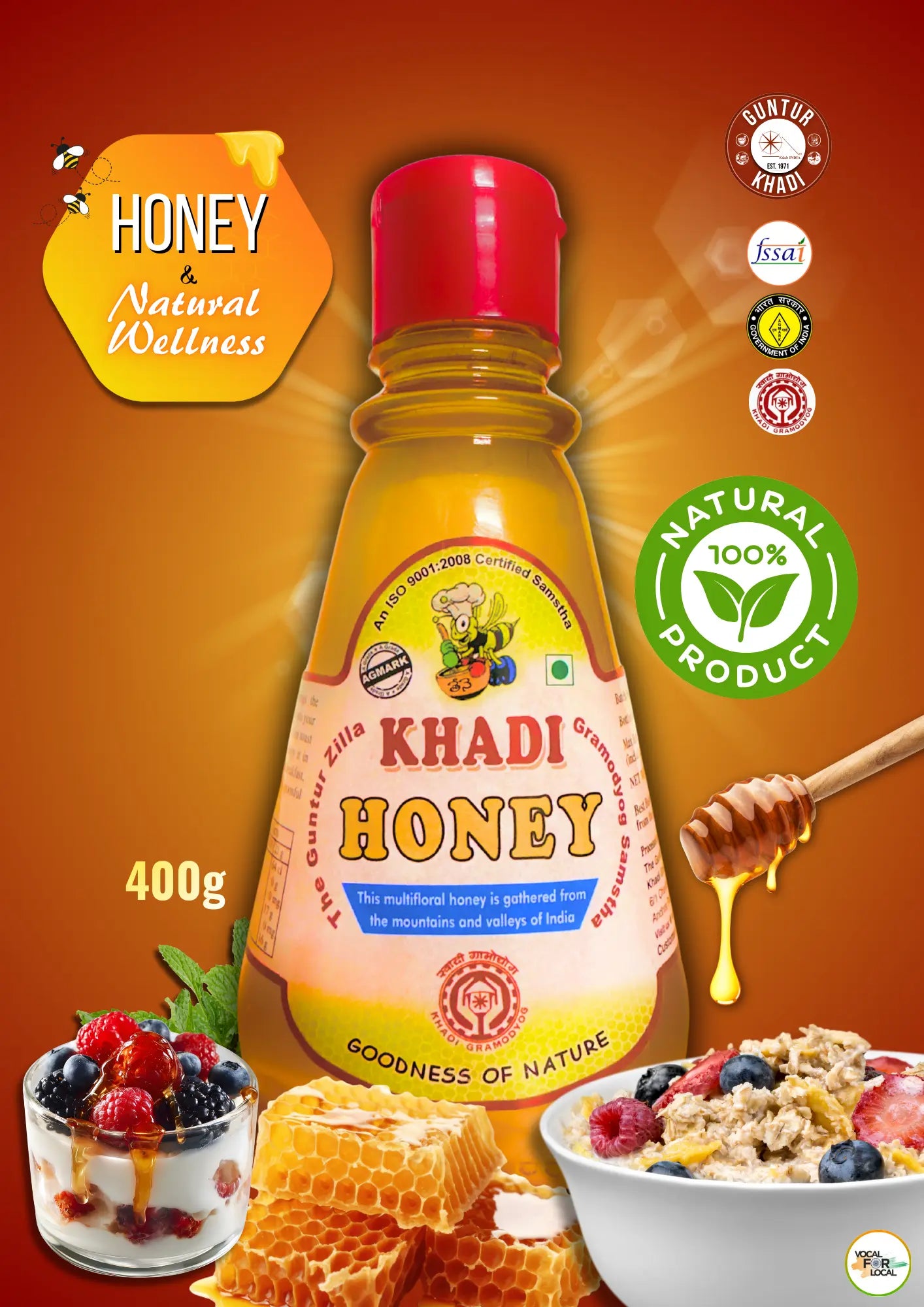 Khadi Honey 400g squeeze bottle front view – natural honey from Andhra region