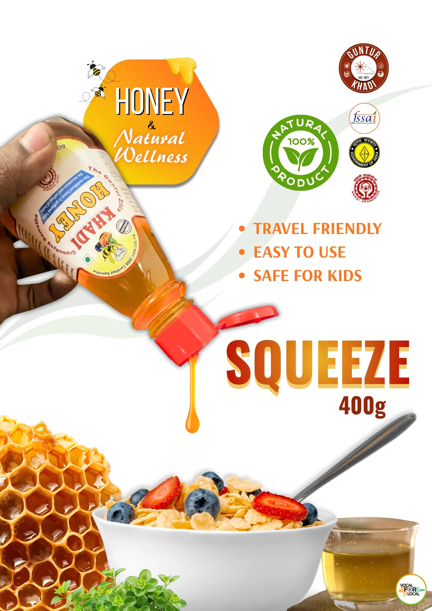 Khadi Honey 400g squeeze bottle back label with nutritional details travel Pack