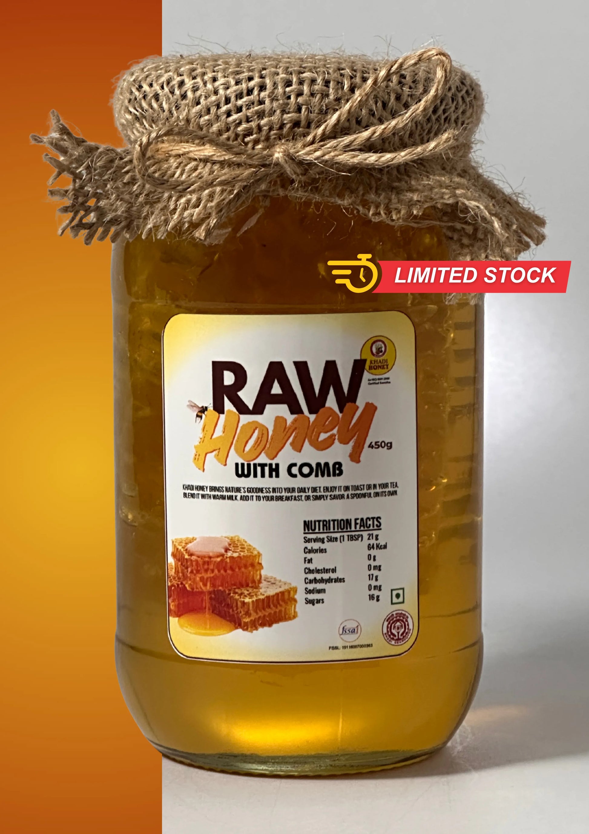 Raw honey with comb 450 g front view packaging by Guntur Khadi