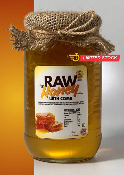 Raw honey with comb 450 g front view packaging by Guntur Khadi