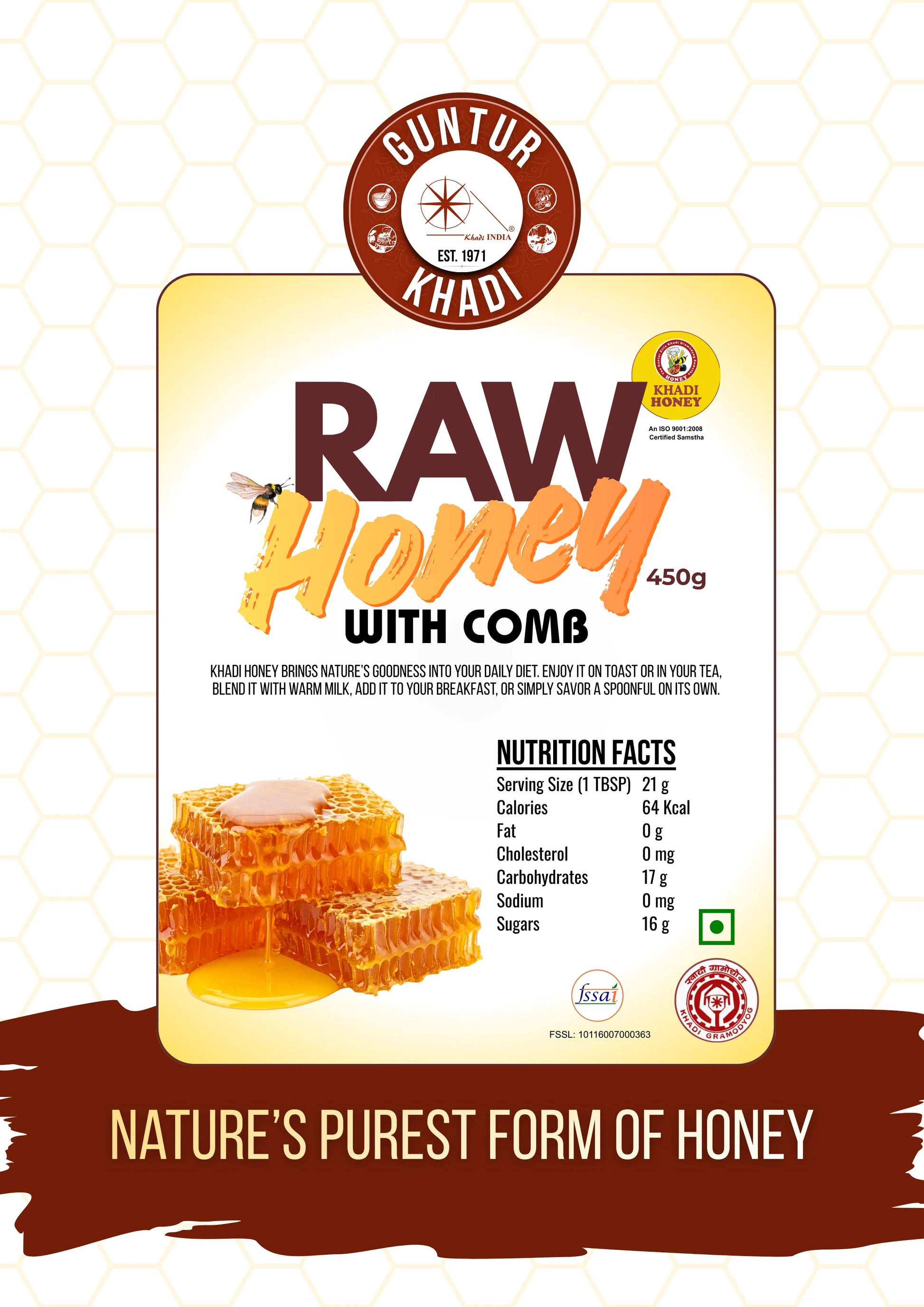 Product label of raw honey with comb by Guntur Khadi showing details