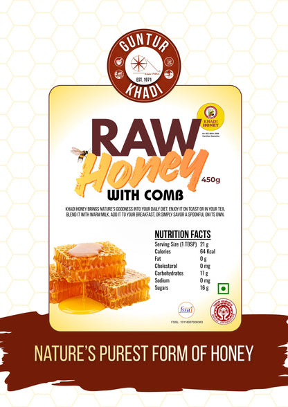 Product label of raw honey with comb by Guntur Khadi showing details