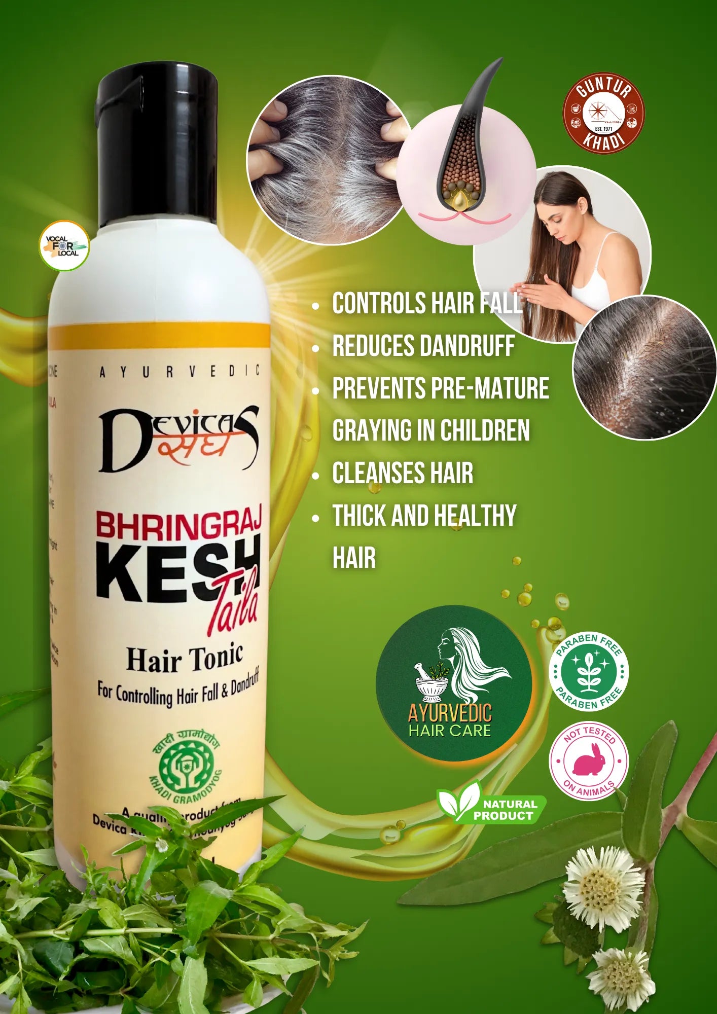 Ayurvedic Bhringraj hair oil benefits displayed – strengthens roots and promotes thick, healthy hair