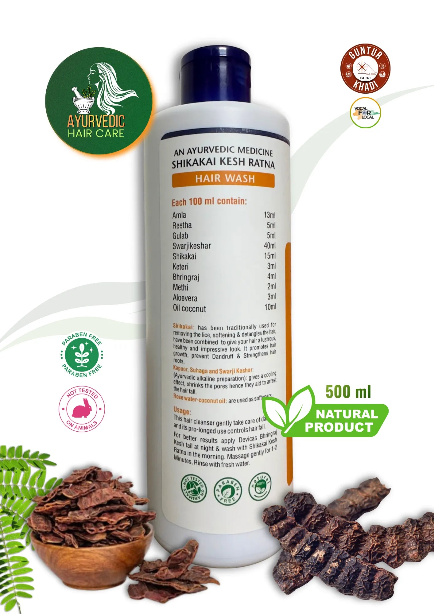 Shikakai Kesh Ratna hair wash back label showing ingredients and directions – Guntur Khadi